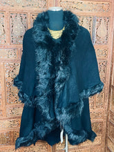 Load image into Gallery viewer, Women’s Black Cloak Shawl Faux Fur Trim