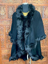 Load image into Gallery viewer, Women’s Black Cloak Shawl Faux Fur Trim