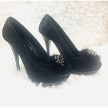 Load image into Gallery viewer, 2 Lips Too Black Lace Peep Toe Heels