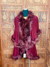 Load image into Gallery viewer, Women’s Burgundy Cloak Shawl Faux Fur Trim Poncho Jacket
