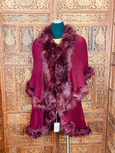 Load image into Gallery viewer, Women’s Burgundy Cloak Shawl Faux Fur Trim Poncho Jacket
