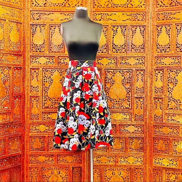 Skull Rose Vintage Style Retro Full Skirt