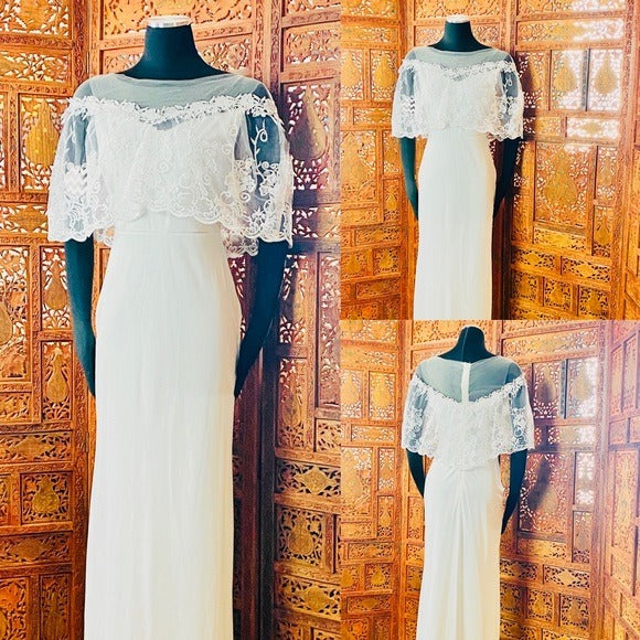 Beach Wedding Gown with Lace Drape Shoulder