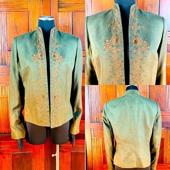 Olive Silk Embroidered Beaded Blazer jacket
