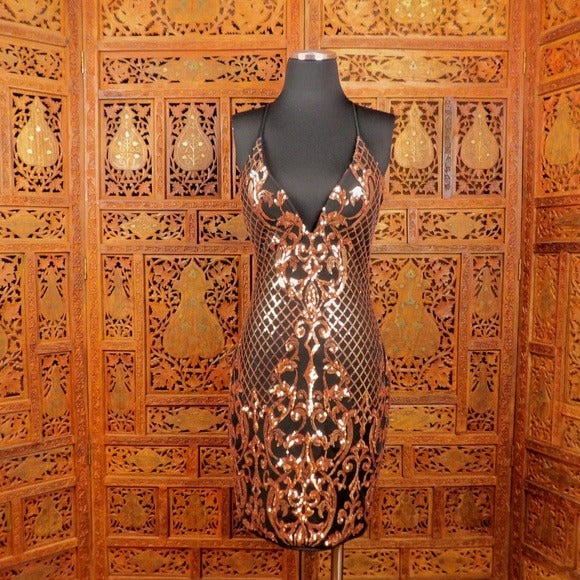 Women’s Rose Gold Sequin Beaded Mini Dress